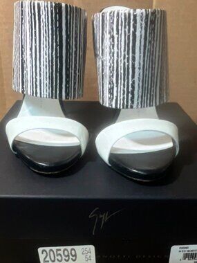 Giuseppe Zanotti Black White Striped Leather Open Toe Stiletto Mule Heels